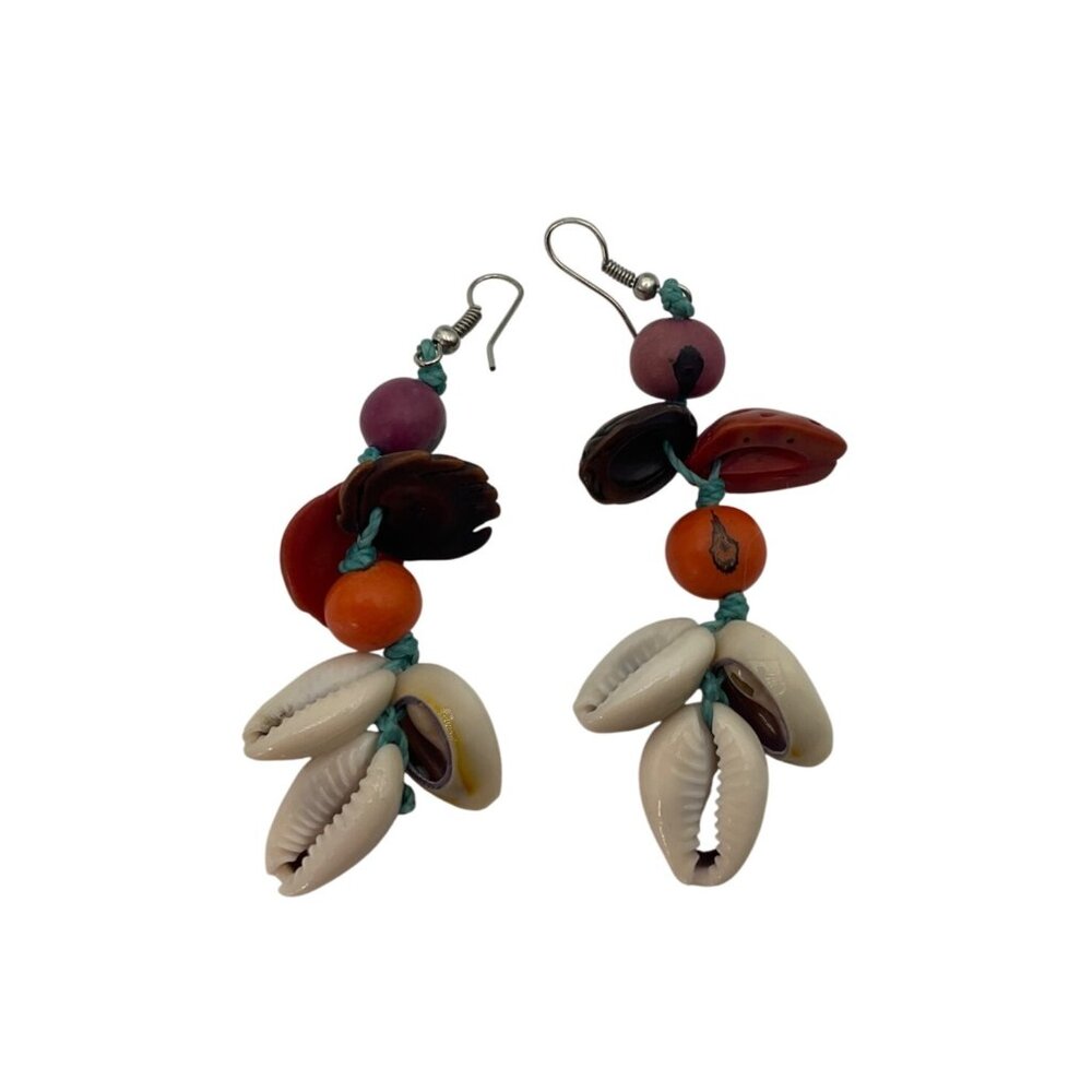 New Handmade Cowrie Shell Beaded Dangle Earrings Boho Coastal Handcrafted